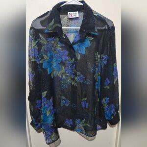 D. Stevens Black and Blue Sheer Long Sleeve Blouse